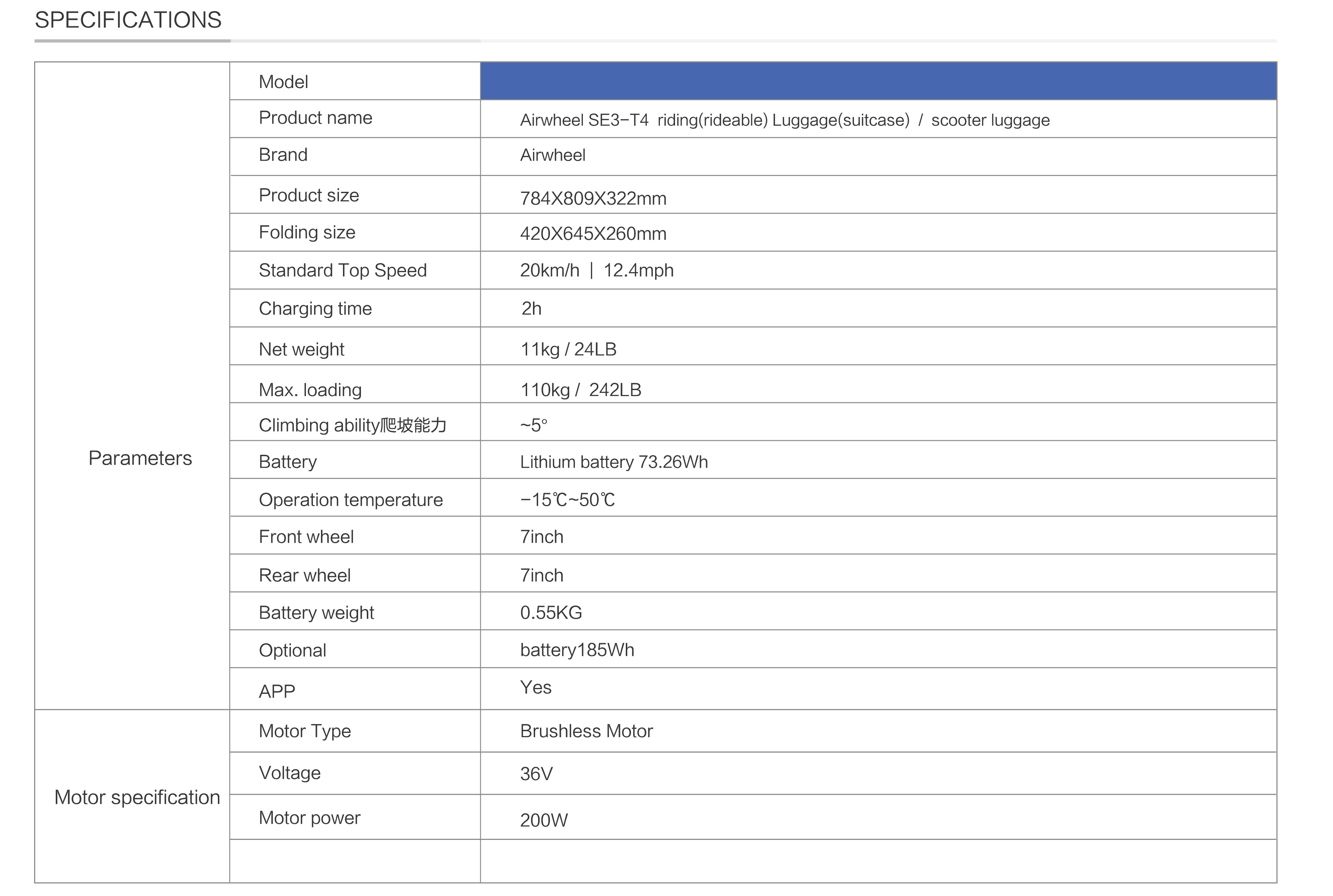 airwheel se3-T4 Parameter